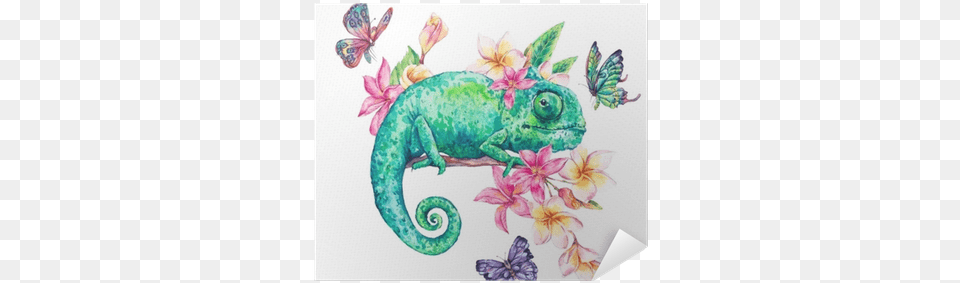 Watercolor Green Chameleon With Butterflies Flowers Watercolor Chameleon, Animal, Lizard, Reptile, Green Lizard Png