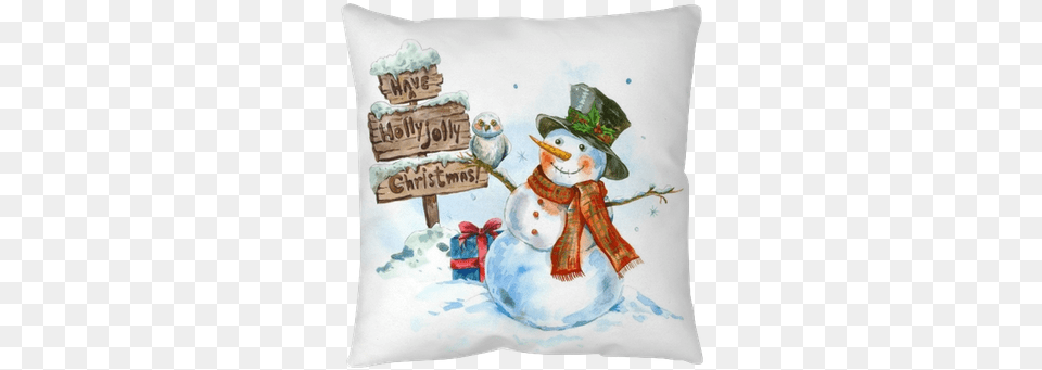 Watercolor Greeting Card With Snowman Throw Pillow Watercolor Christmas Cards With Snowman, Nature, Outdoors, Winter, Snow Free Png