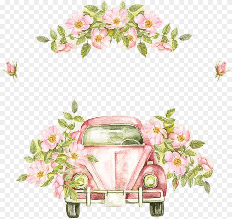 Watercolor Handpainted Volkswagenbus Vwbeetle Flowers Vintage Wedding Car Clipart, Art, Graphics, Pattern, Floral Design Png Image