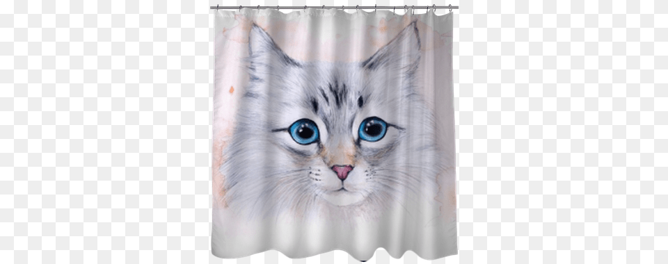 Watercolor Illustration Of A White Cat Shower Curtain Drawing, Animal, Mammal, Pet, Art Free Png