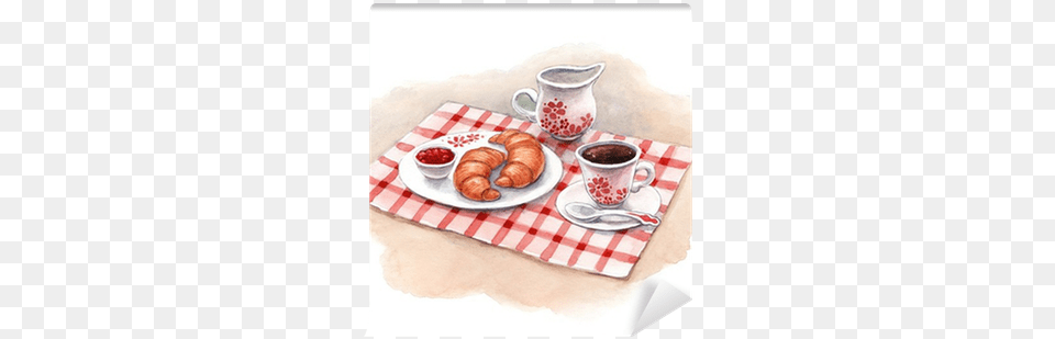 Watercolor Illustration Of Breakfast With Croissants, Cup, Food Free Png Download