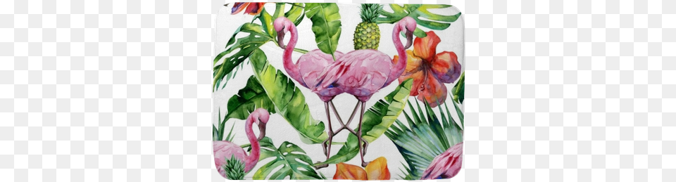 Watercolor Illustration Of Tropical Pink Flamingo Bird Monstera Leaf Brushed Aluminium Wall Art, Food, Fruit, Pineapple, Plant Png