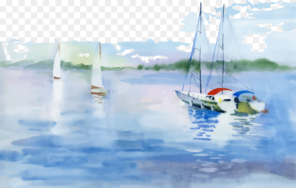 Watercolor Landscape Watercolor Painting Boat Illustration Boat On A Lake Watercolors, Yacht, Watercraft, Vehicle, Transportation Free Png