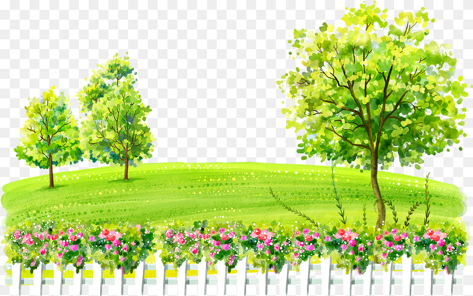 Watercolor Landscape Yard Hill Grass Fence Trees Sunny Day Biking Cartoons, Tree, Plant, Green, Nature Free Transparent Png