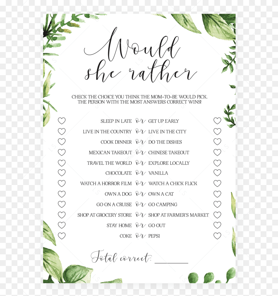 Watercolor Leaves Baby Shower Game Would She Rather Printable, Text, Page, Advertisement, Poster Png