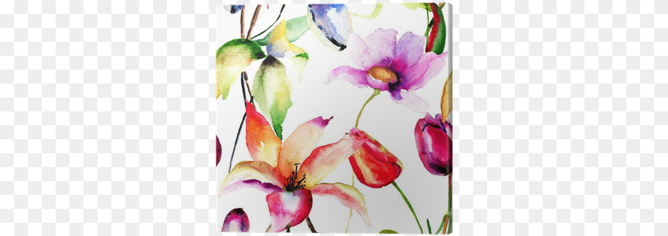 Watercolor Painting Of Tulips And Lily Flowers Canvas Flowers Tulips Painting, Art, Pattern, Floral Design, Graphics Free Transparent Png
