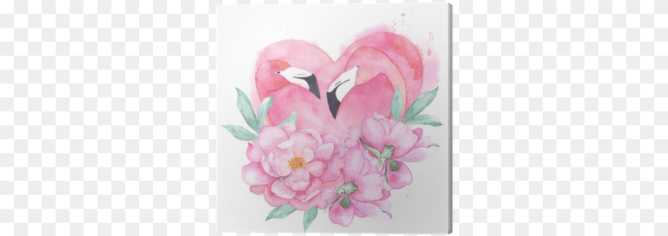 Watercolor Pink Flamingo Couple With Bouquet Peony Canvas, Flower, Petal, Plant, Art Free Png Download