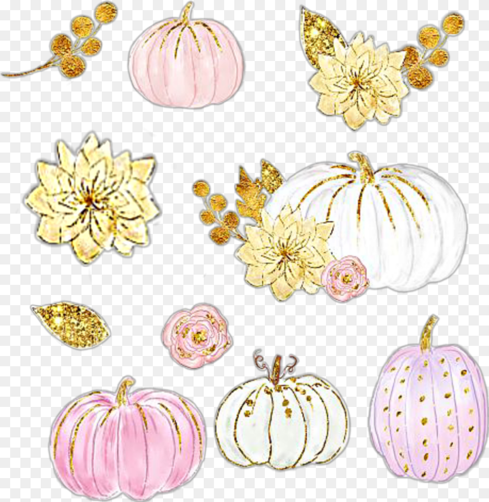 Watercolor Pumpkins Pumpkin Flowers Leaves Gold Pumpkin, Plant, Rose, Flower, Produce Free Png
