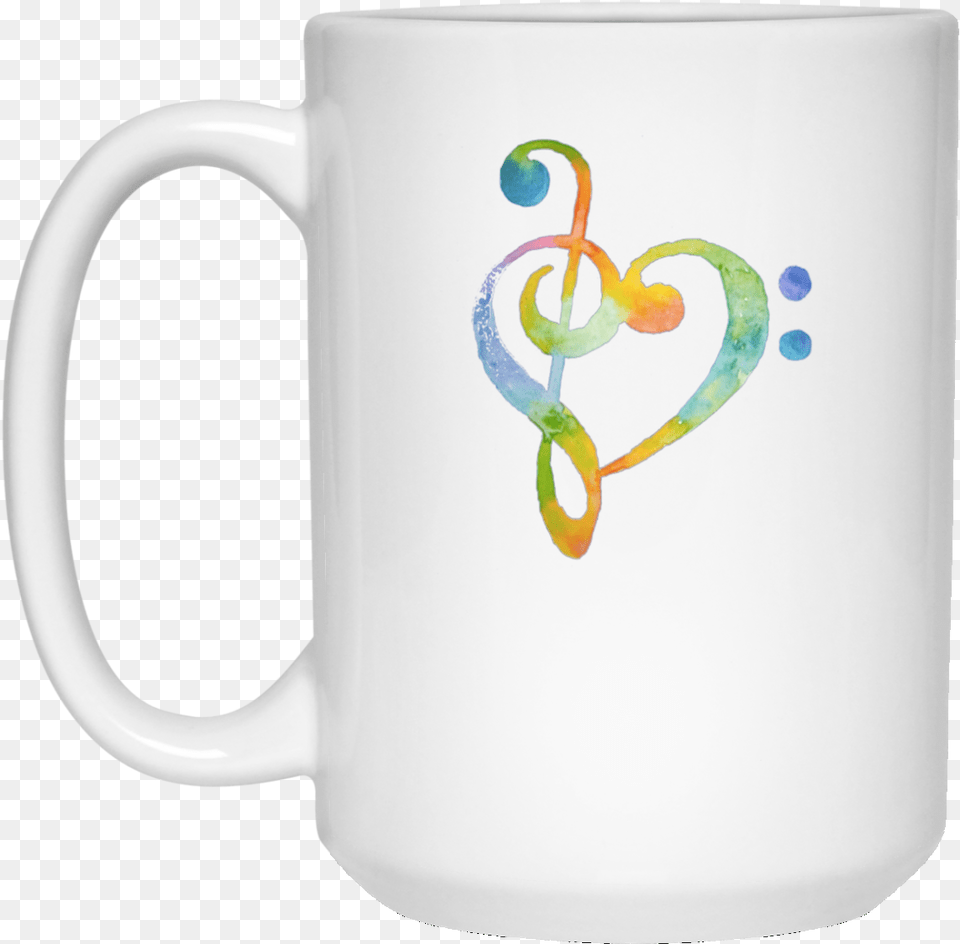 Watercolor Rainbow Heart Bass Clef Musical Note Tee Colorful Treble Clef Bass Clef Heart, Cup, Beverage, Coffee, Coffee Cup Png