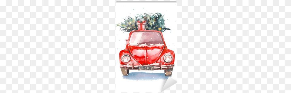 Watercolor Retro Car With Gift Box And Christmas Tree Watercolor Christmas Tree, Transportation, Vehicle, Device, Grass Free Png Download