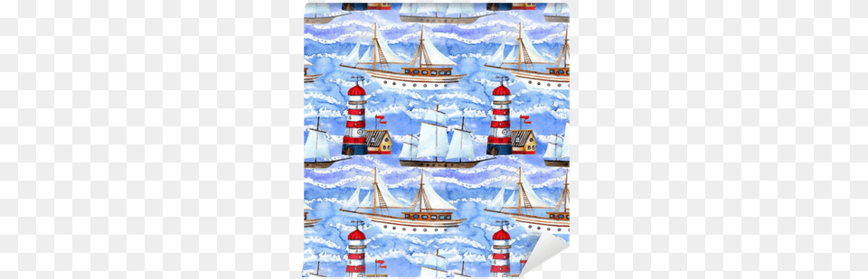 Watercolor Sailing Ships And Lighthouse Seamless Pattern Sailing Ship, Boat, Sailboat, Transportation, Vehicle Free Png Download