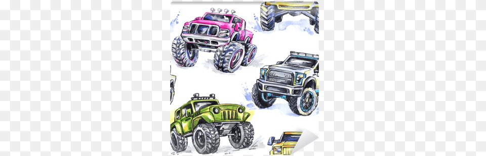 Watercolor Seamless Pattern Cartoon Monster Trucks Monster Truck Watercolor, Car, Transportation, Vehicle, Machine Free Transparent Png