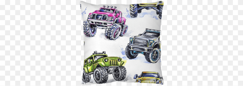 Watercolor Seamless Pattern Cartoon Monster Trucks Monster Trucks Background, Car, Transportation, Vehicle, Machine Free Transparent Png