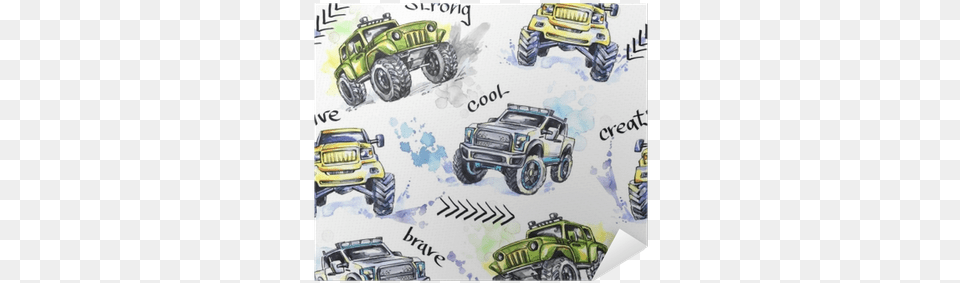 Watercolor Seamless Pattern Cartoon Monster Trucks Watercolor Painting, Car, Transportation, Vehicle, Machine Free Transparent Png