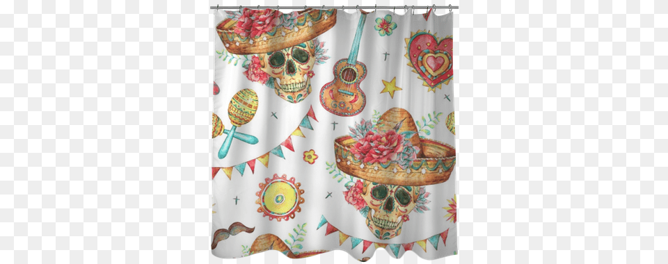 Watercolor Seamless Pattern With Skull In Sombrero Motif, Curtain, Clothing, Hat, Shower Curtain Free Png