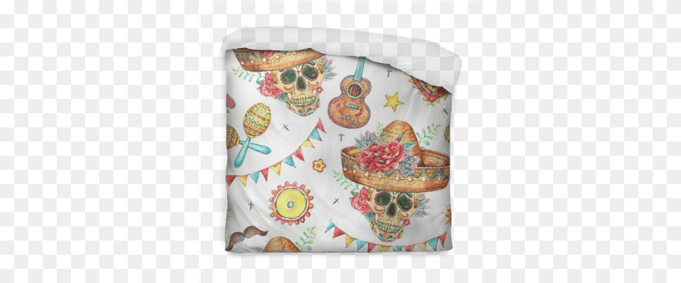 Watercolor Seamless Pattern With Skull In Sombrero Watercolor Painting, Cushion, Hat, Clothing, Home Decor Png