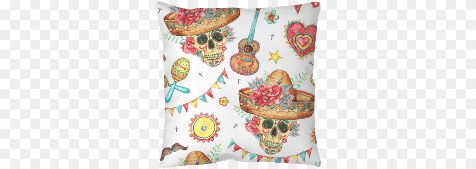 Watercolor Seamless Pattern With Skull In Sombrero Watercolor Painting, Applique, Home Decor, Clothing, Hat Png