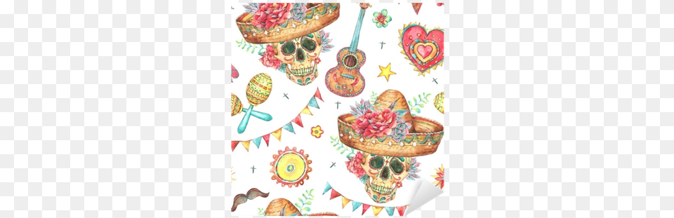 Watercolor Seamless Pattern With Skull In Sombrero Watercolor Painting, Clothing, Hat, Guitar, Musical Instrument Png Image