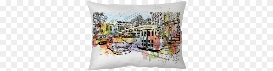 Watercolor Splash With Sketch Of Trolley Car Moves San Francisco, Art, Transportation, Vehicle, Bus Png Image