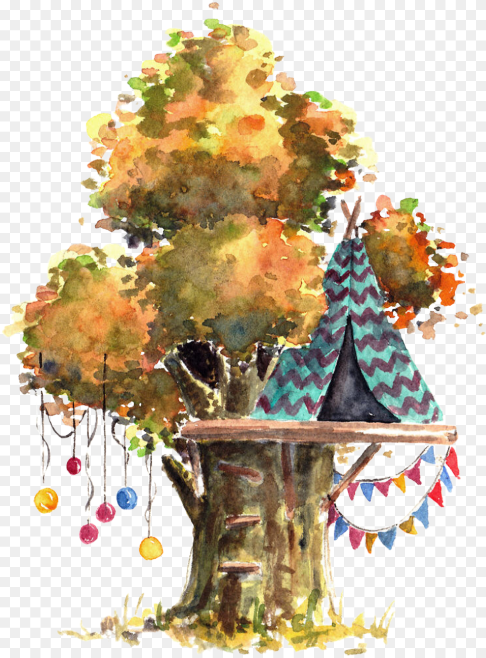 Watercolor Treehouse Teepee Balloons Tree Leaves Treehouse Watercolor, Plant, Art, Painting, Wedding Free Png Download