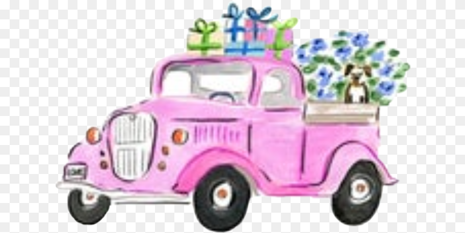Watercolor Truck Pink Christmastruck Gifts Presents Watercolor Car With Flowers, Pickup Truck, Transportation, Vehicle, Moving Van Png Image