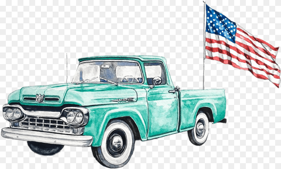 Watercolor Truck Teal Ford Pickup Antique Retro Ford Truck American Flag, Pickup Truck, Transportation, Vehicle, Car Free Transparent Png
