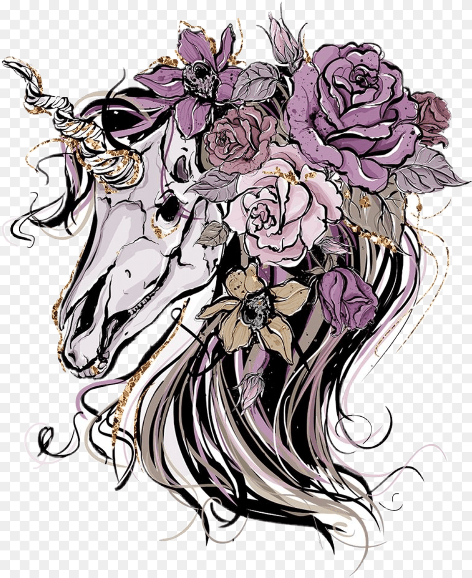 Watercolor Unicorn Skull Longhair Rock Punk Grunge Gothic Unicorn Clipart, Graphics, Art, Pattern, Floral Design Png Image