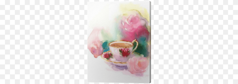 Watercolor Vintage Porcelain Teacup And Garden Roses Watercolor Painting, Art, Cup, Saucer Free Png Download