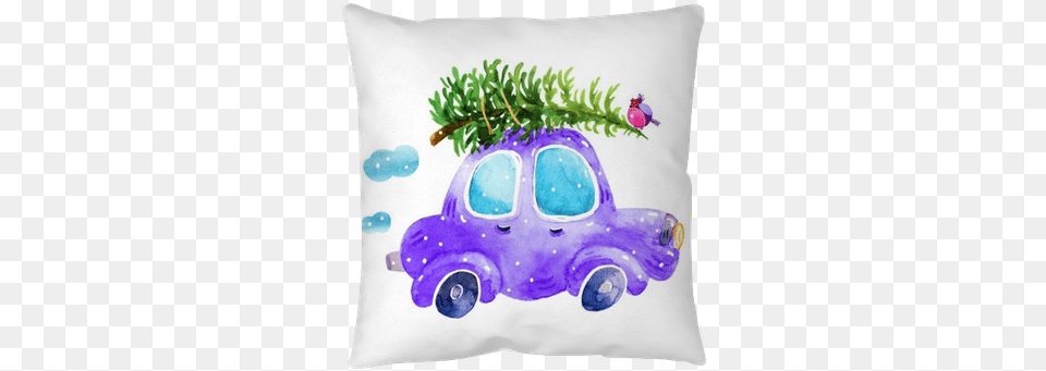 Watercolor Winter Retro Car With Christmas Tree And Christmas Tree On Car Drawing, Cushion, Home Decor, Pillow, Purple Free Png Download