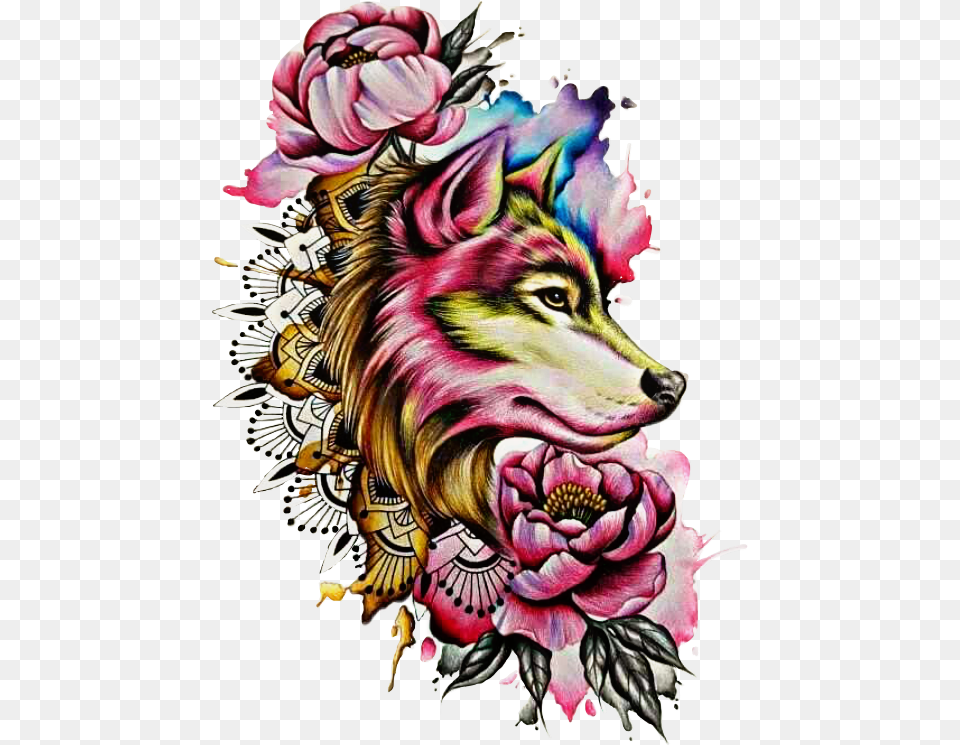 Watercolor Wolf Tattoo Designs Colorful Wolf Tattoo Designs, Art, Dahlia, Plant, Flower Free Png