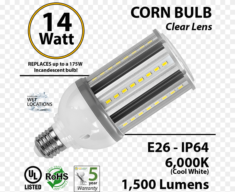 Watt Led Corn Bulb Lamp Light 6000k E26 Incandescent 2 Ft Led Tube Light, Lightbulb, Lighting, Electronics Free Png
