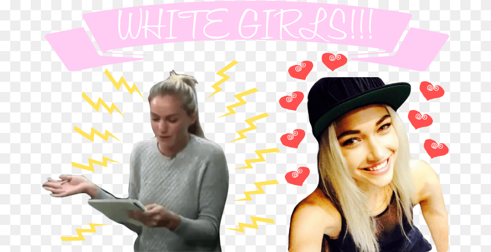 We Have Two White Blonde Girls Receiving Two Very Poster, Clothing, Reading, Person, Hat Png Image