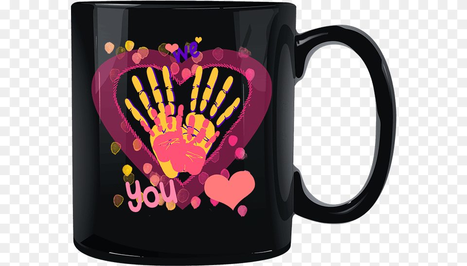 We Heart You Handprints Black Mug Heart Handprint On Mug, Cup, Beverage, Coffee, Coffee Cup Png Image