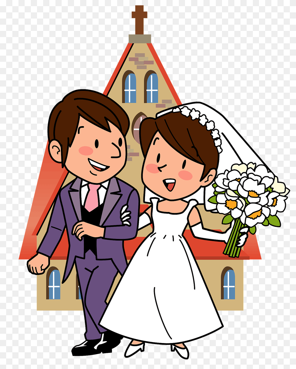 Wedding Bride And Groom Outside The Church Clipart, Baby, Person, Publication, Comics Free Png Download