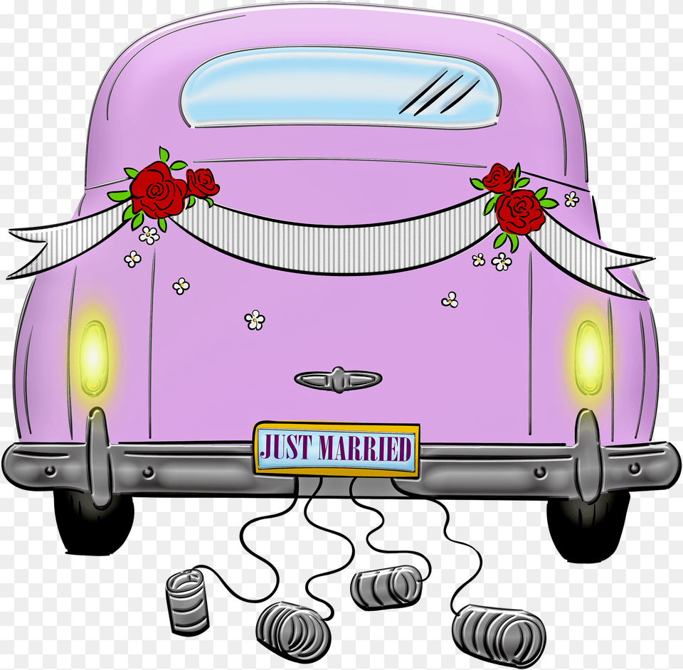 Wedding Car Tin Cans Pink Just, License Plate, Transportation, Vehicle, Flower Png Image