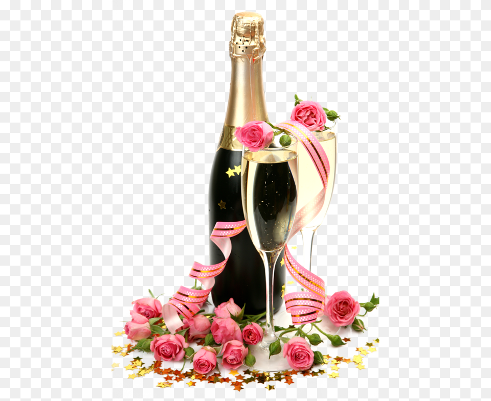 Wedding Champagne, Plant, Rose, Glass, Flower Bouquet Free Png Download
