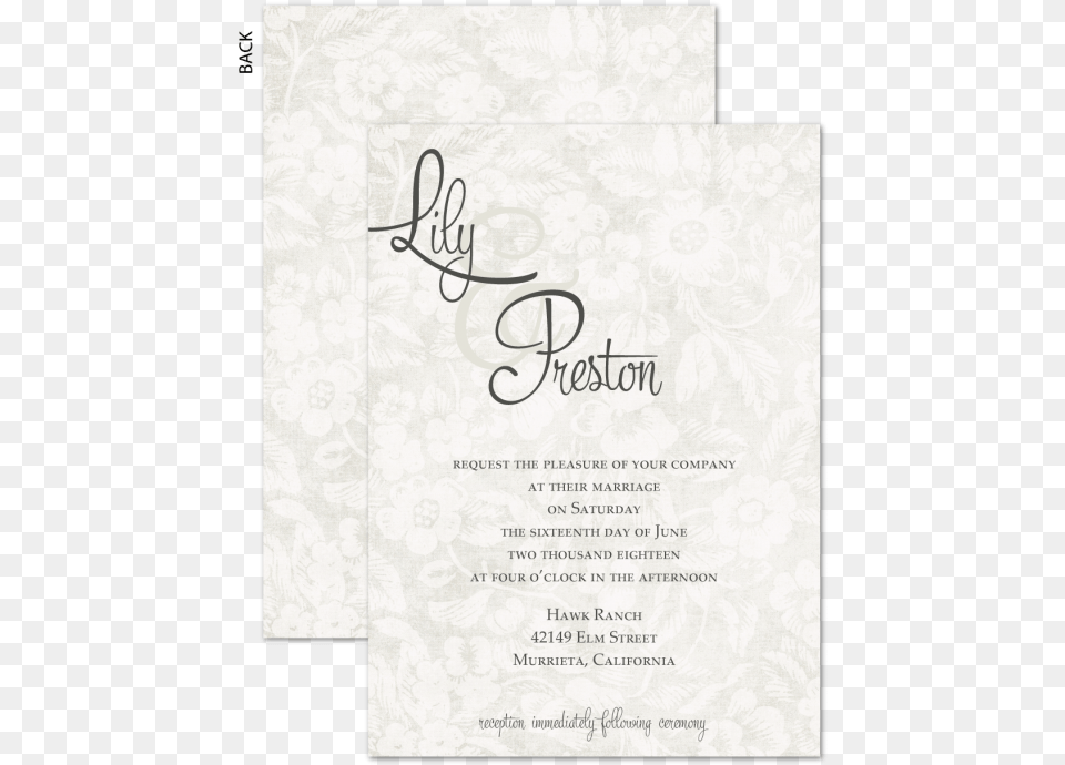 Wedding Invitation With Soft Grey Lacy Floral Background Document, Text, Advertisement, Poster Png