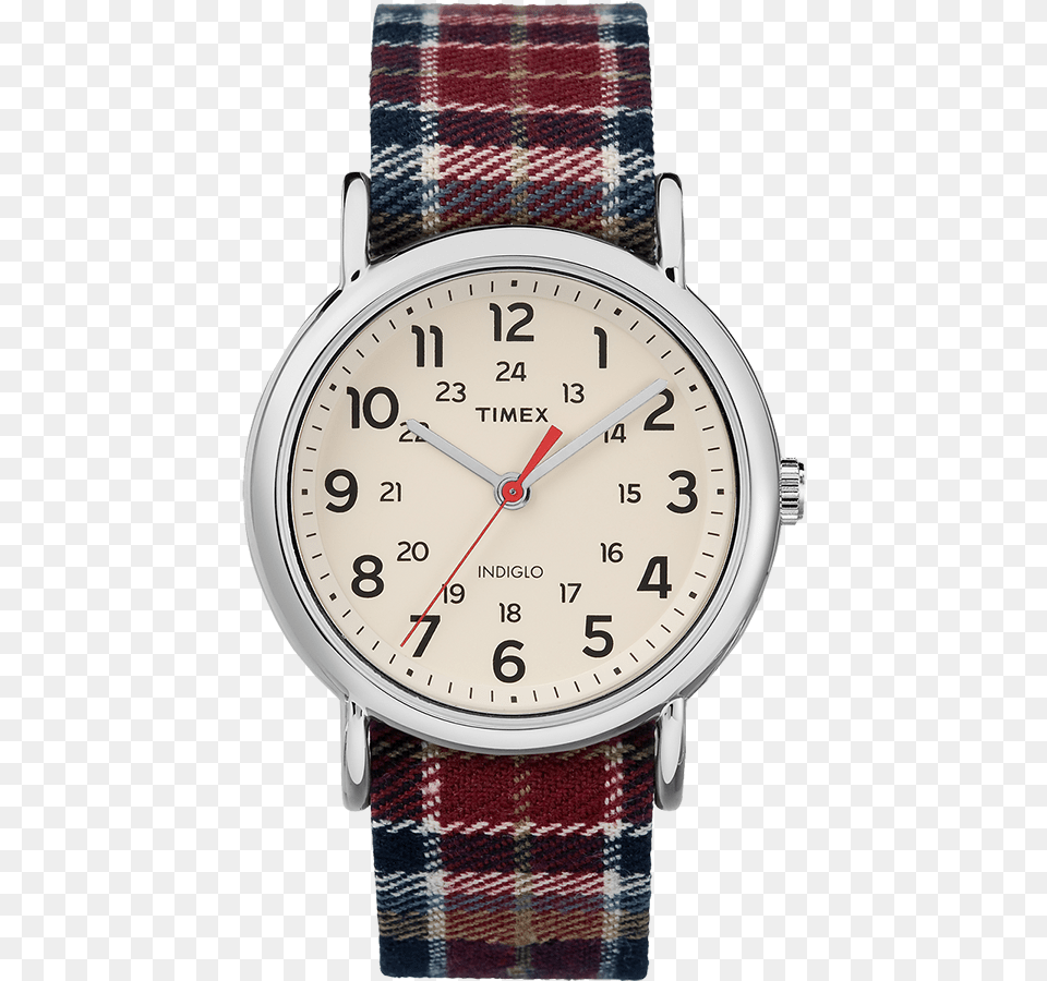 Weekender Fabric Strap Watch Silver Tonecream Timex Unisex Weekender Bluebrowncream Fabricleather, Arm, Body Part, Person, Wristwatch Free Png