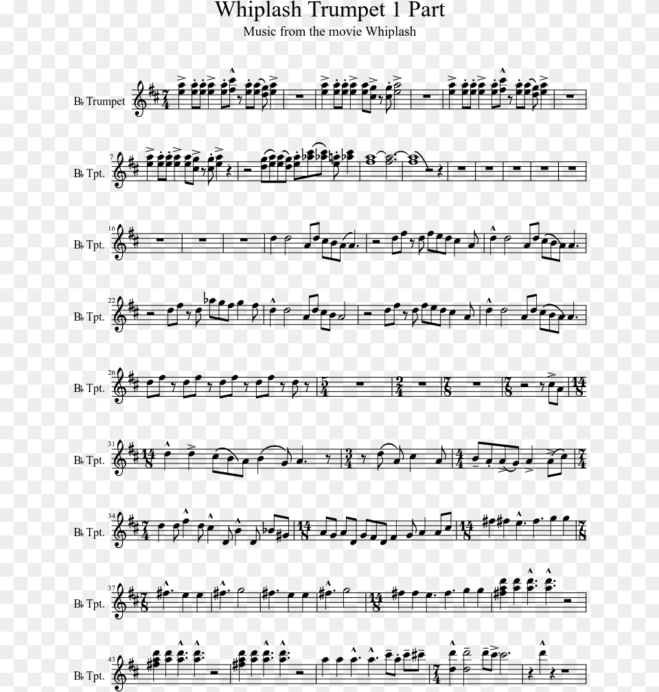 Whiplash Trumpet 1 Part Sheet Music 1 Of 2 Pages Dark Adventure Flute Sheet Music, Gray Png Image