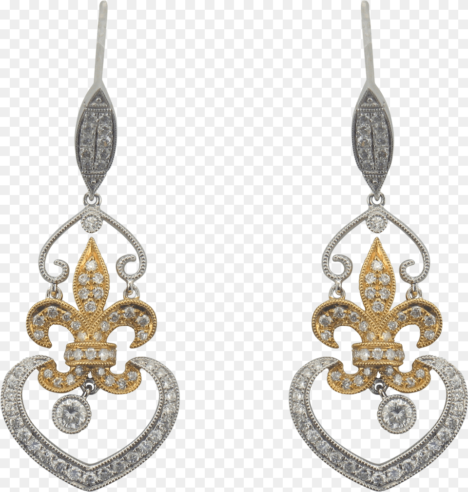 White Amp Yellow Gold Diamond Fleur De Lis Earrings, Accessories, Earring, Jewelry Png Image