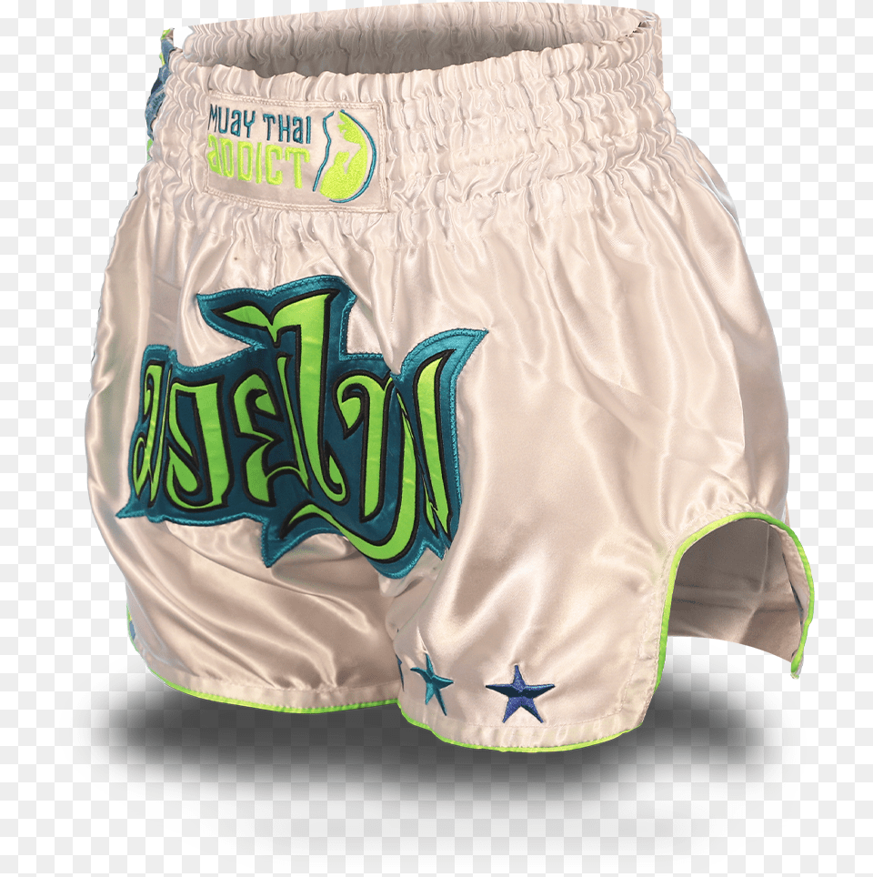 White And Neon Green Single Panel Stars Muay Thai Shorts Underpants, Clothing, Diaper, Swimming Trunks Png Image