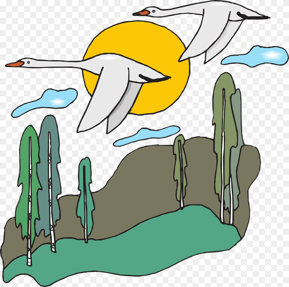 White Birds Flying Landscape Drawing Flying Goose Cartoon, Animal, Bird, Fish, Sea Life Free Png