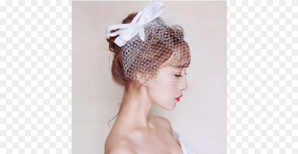 White Bow Bandeau Birdcage Veil Headpiece, Clothing, Adult, Bride, Female Png Image