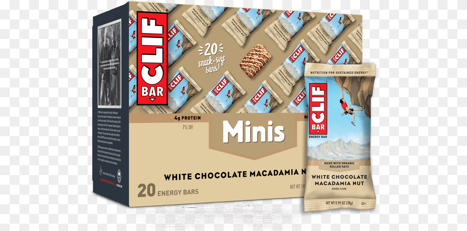 White Chocolate Macadamia Nut Flavor Minis Packaging Clif Bar, Advertisement, Poster, Person Png