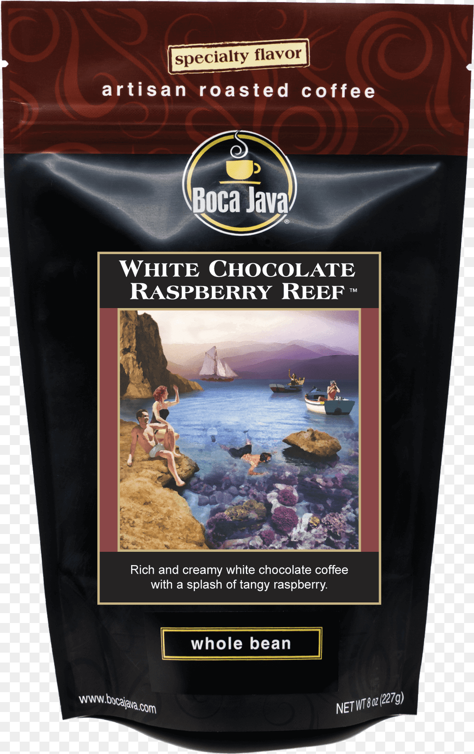 White Chocolate Raspberry Reef Coffee Bacon Flavored Coffee, Advertisement, Poster, Person, Boat Free Transparent Png