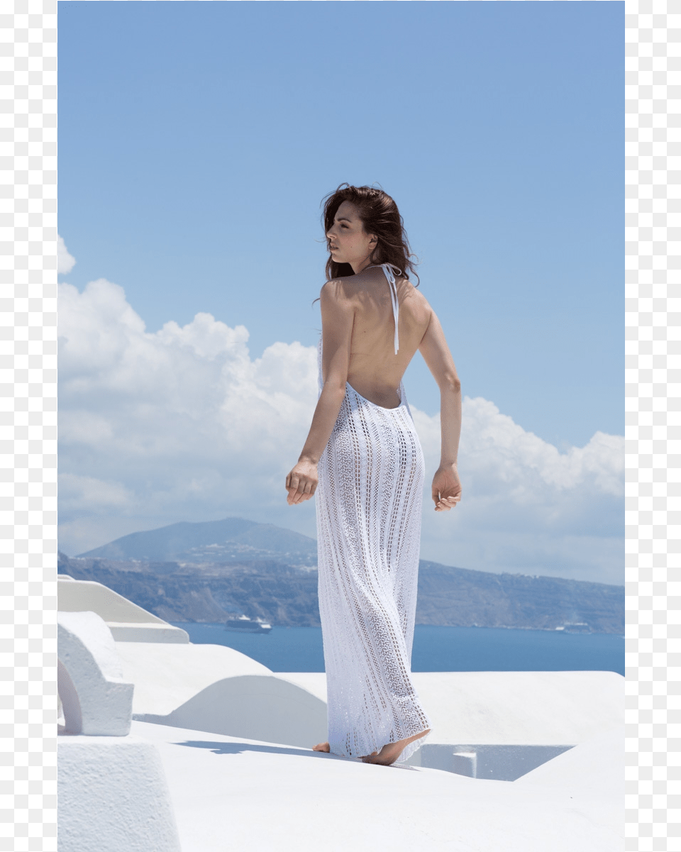 White Cotton Lace Long Gress With Blue Ribbon White Dress In Santorini, Adult, Beachwear, Clothing, Female Png Image