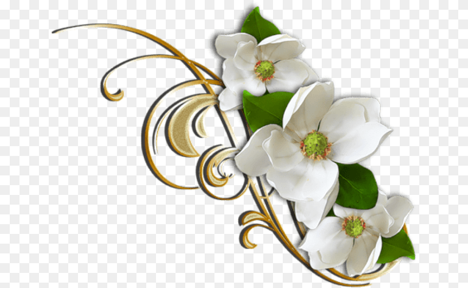 White Flower With Gold Decorative Elemant White Gold Flower, Plant, Anemone, Art, Floral Design Png