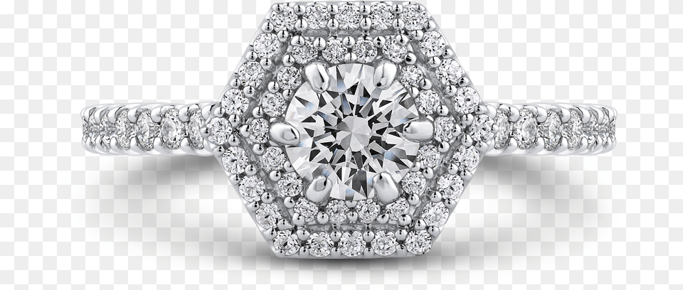 White Gold Round Diamond Hexagon Shape Double Halo Engagement Ring Ring, Accessories, Chandelier, Gemstone, Jewelry Png Image