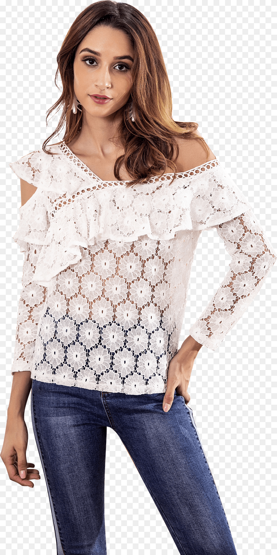 White Lace Chic Top With Irregular Shoulder Blouse Png Image