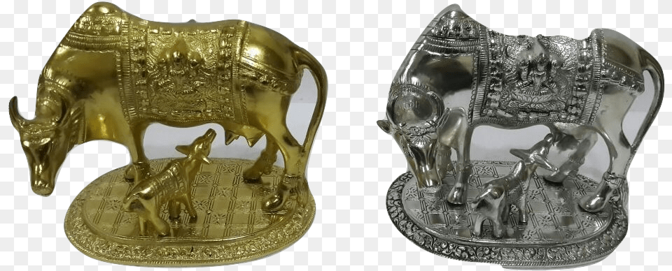 White Metal Kamadhenu Cow And Calf Statue, Bronze, Treasure Free Png